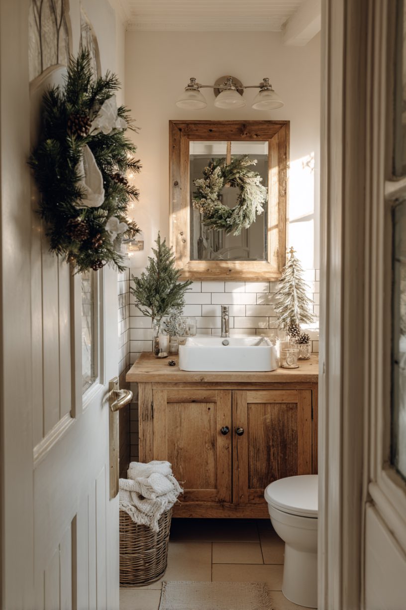 20. Door Wreath Cozy Christmas Bathroom