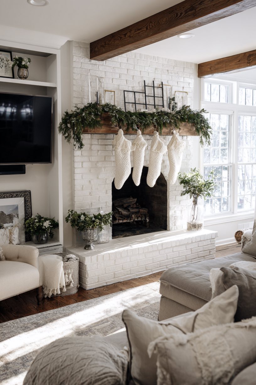 20. Elegant Brick Fireplace Holiday Display