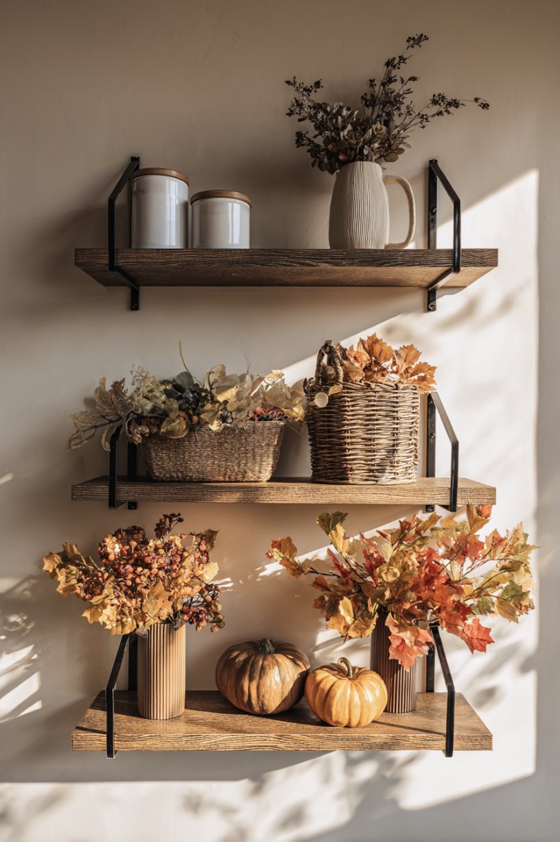 20. Floating Shelves Autumn Decor Display