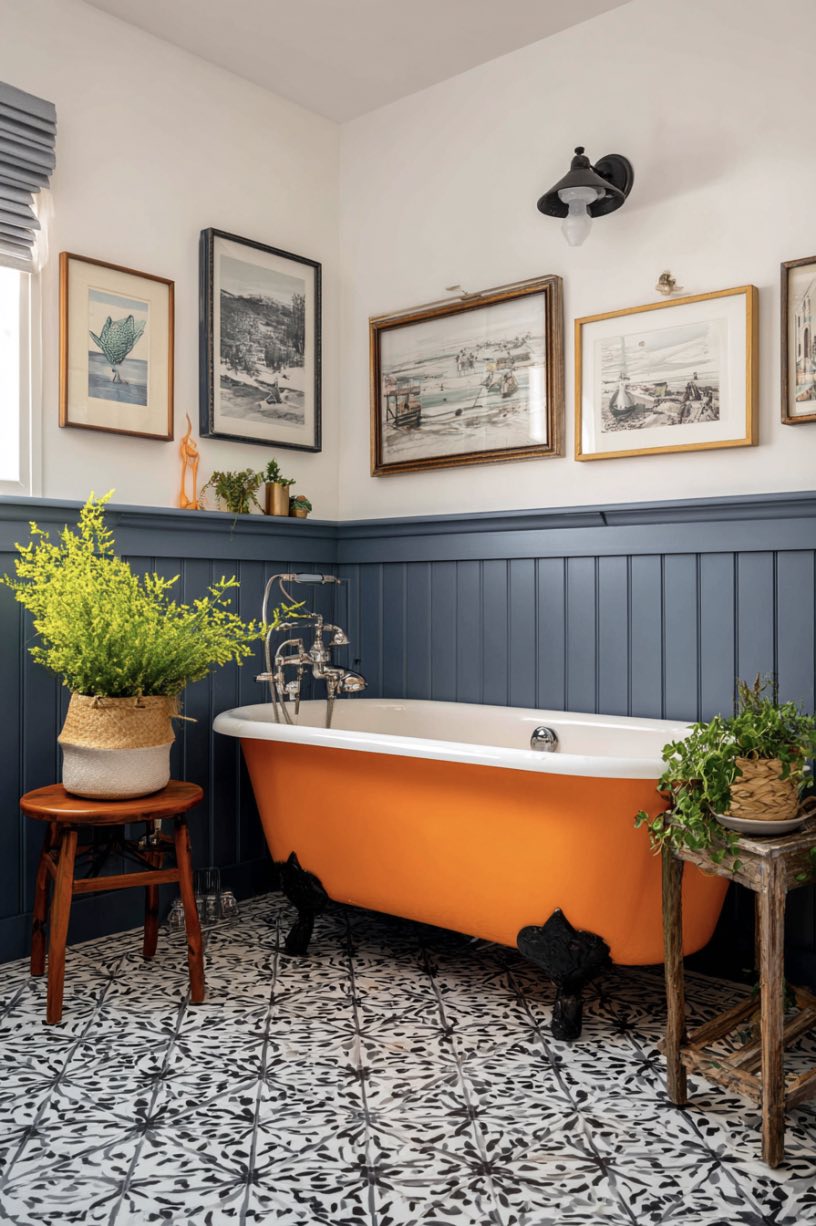3. Navy Wainscoting Orange Bathtub Drama