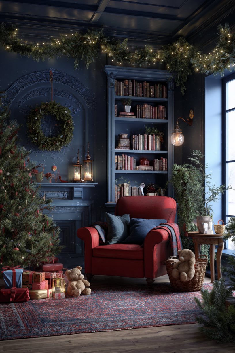4. Red Armchair Blue Wall Christmas Display