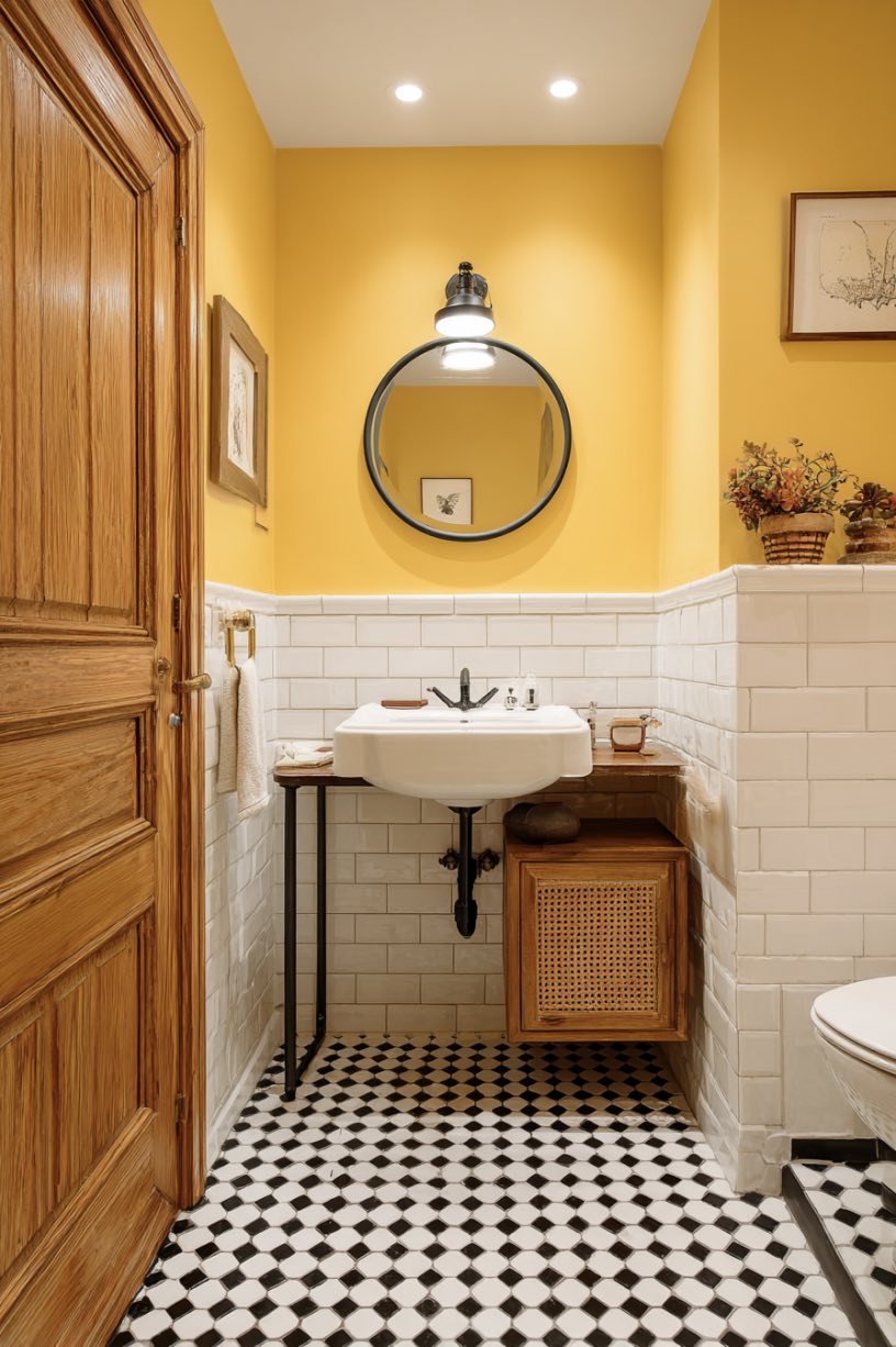 4. Spanish-Inspired Yellow Tile Bathroom