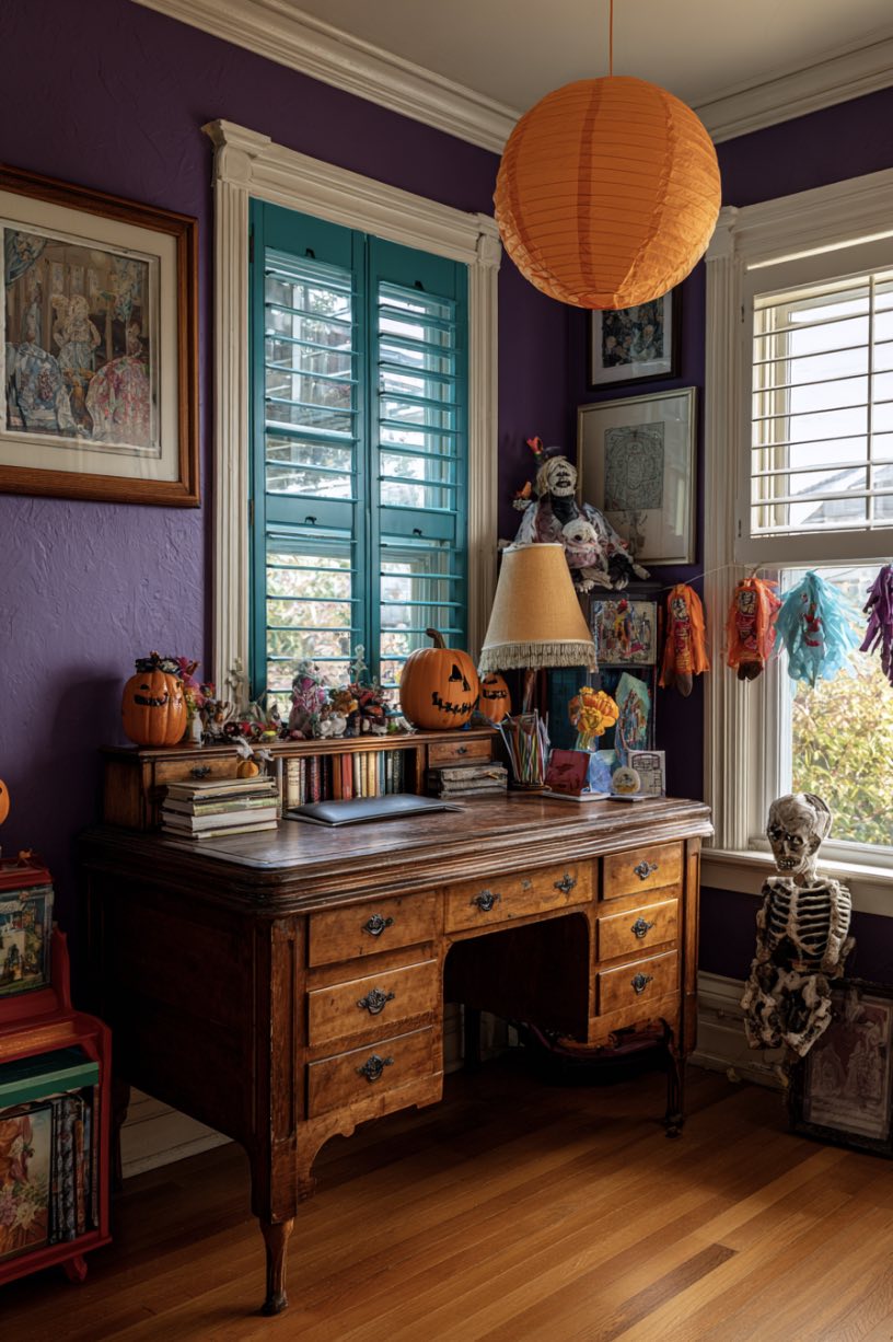 Vintage Desk with Quirky Halloween Touches