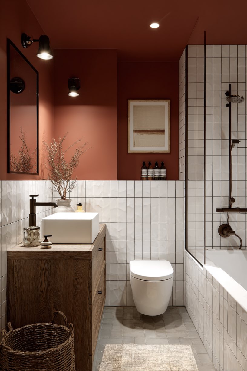 6. Scandinavian Red Accent Bathroom