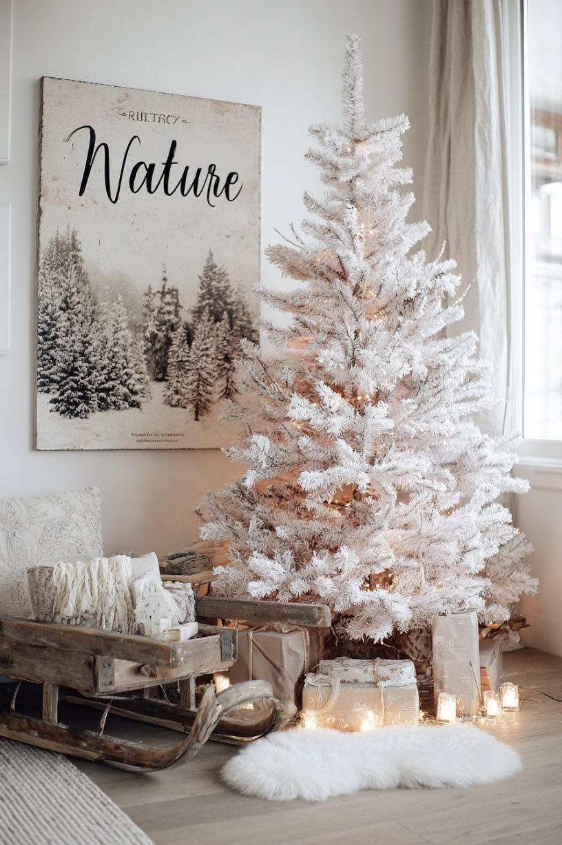 6. Snow Covered Tree Neutral Holiday Decor