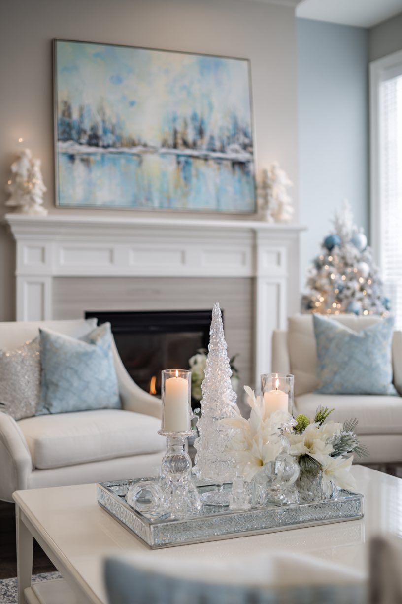 6. White and Light Blue Christmas Fireplace