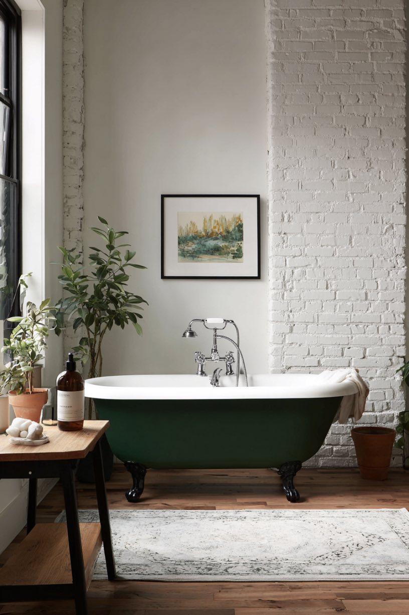 7. Green Clawfoot Minimalist Fall Bath