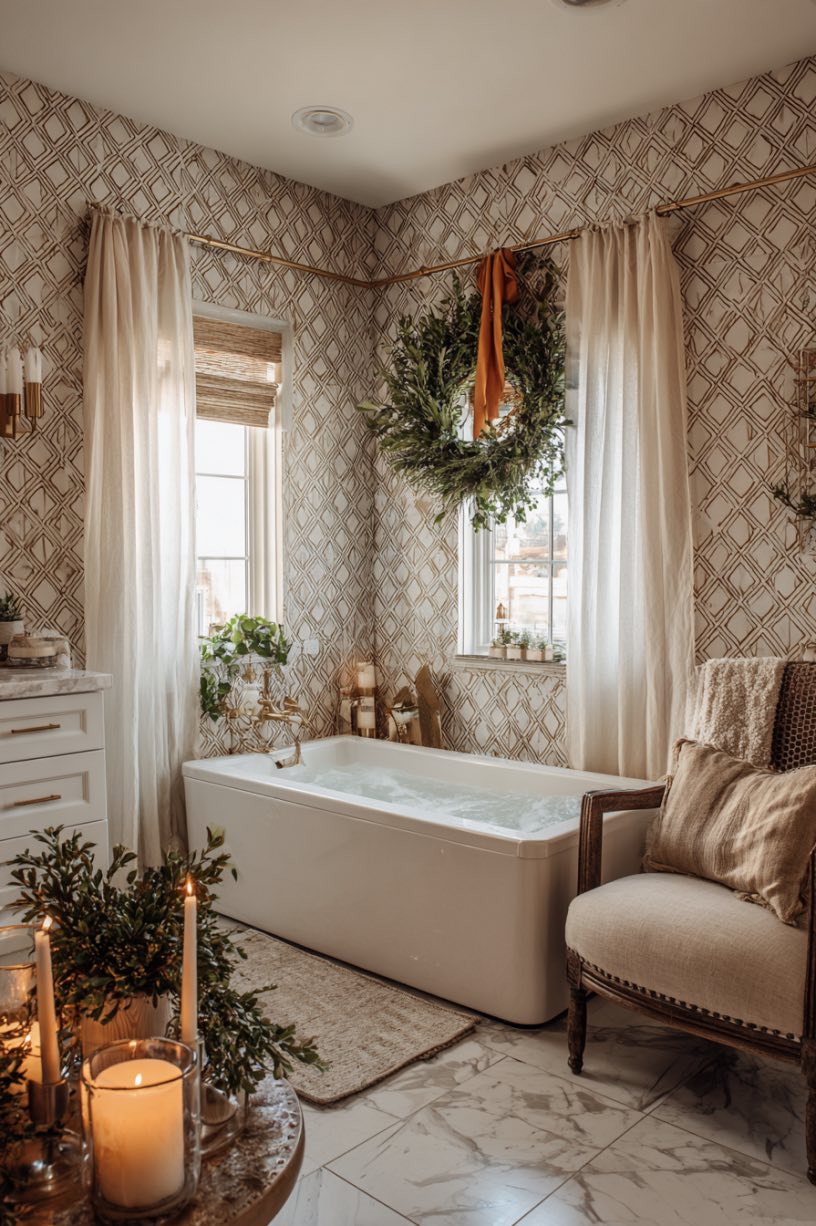 7. Modern Geometric Wallpaper Christmas Bathroom