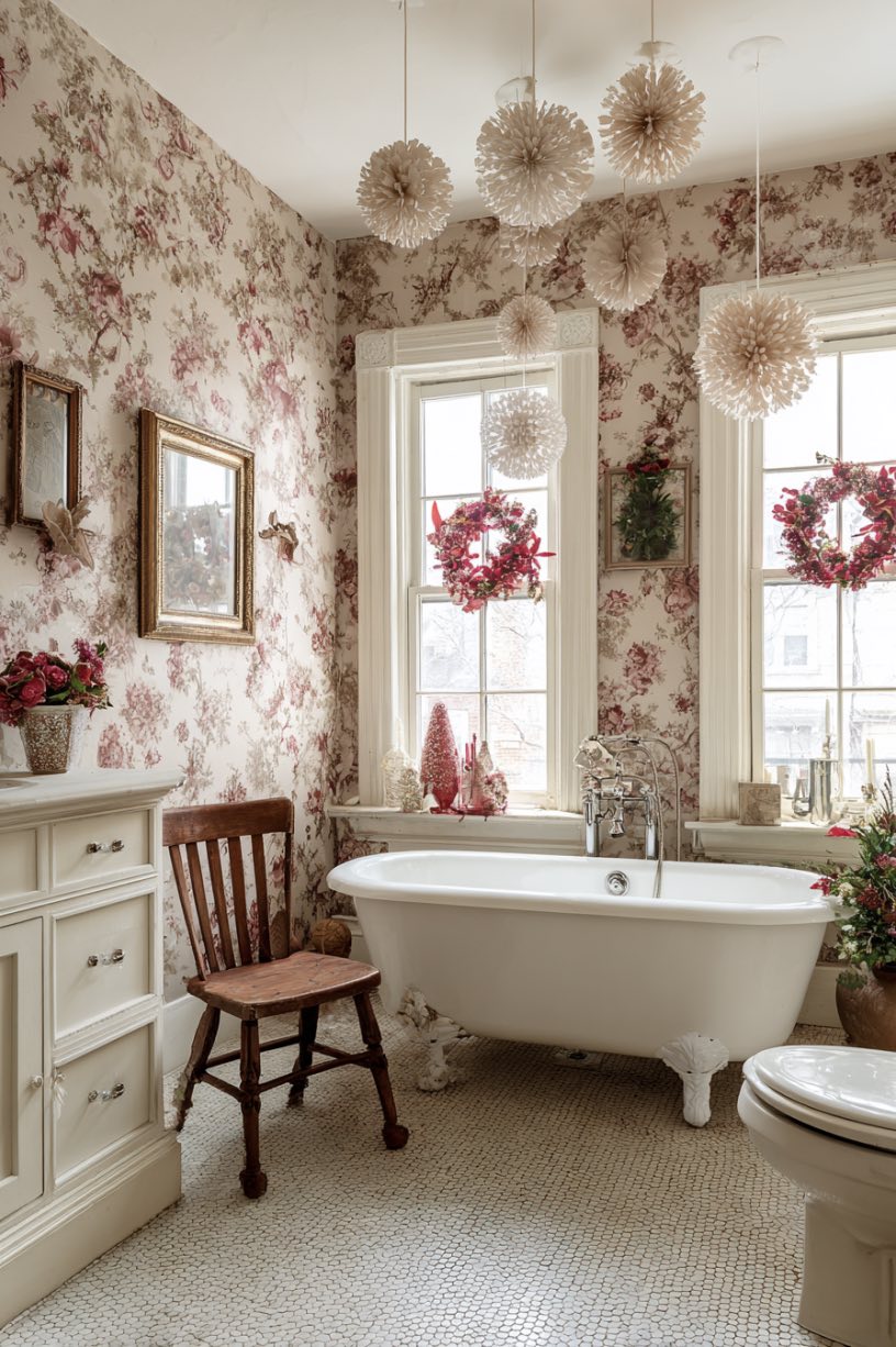 8. Floral Pattern Vintage Christmas Bathroom