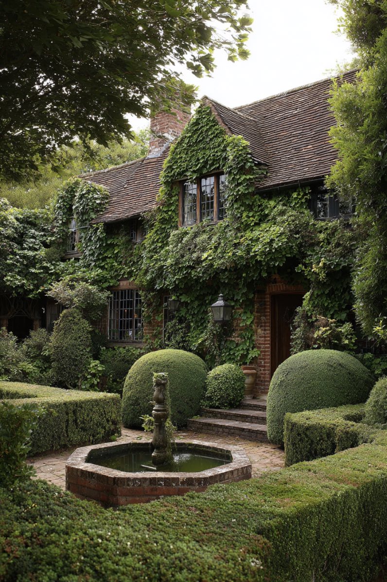 Rustic Boxwood Charm Around Cozy Cottage