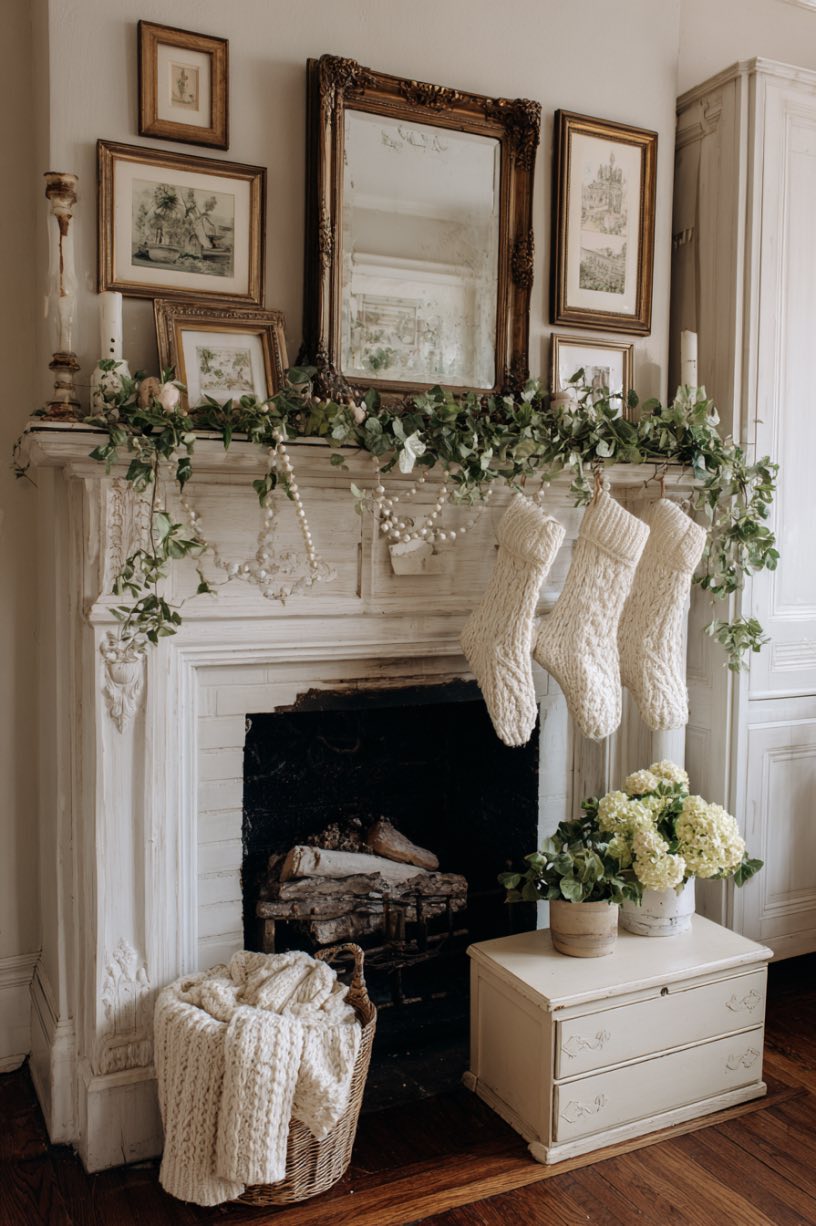 Cozy Fireplace with Pearls and Greenery